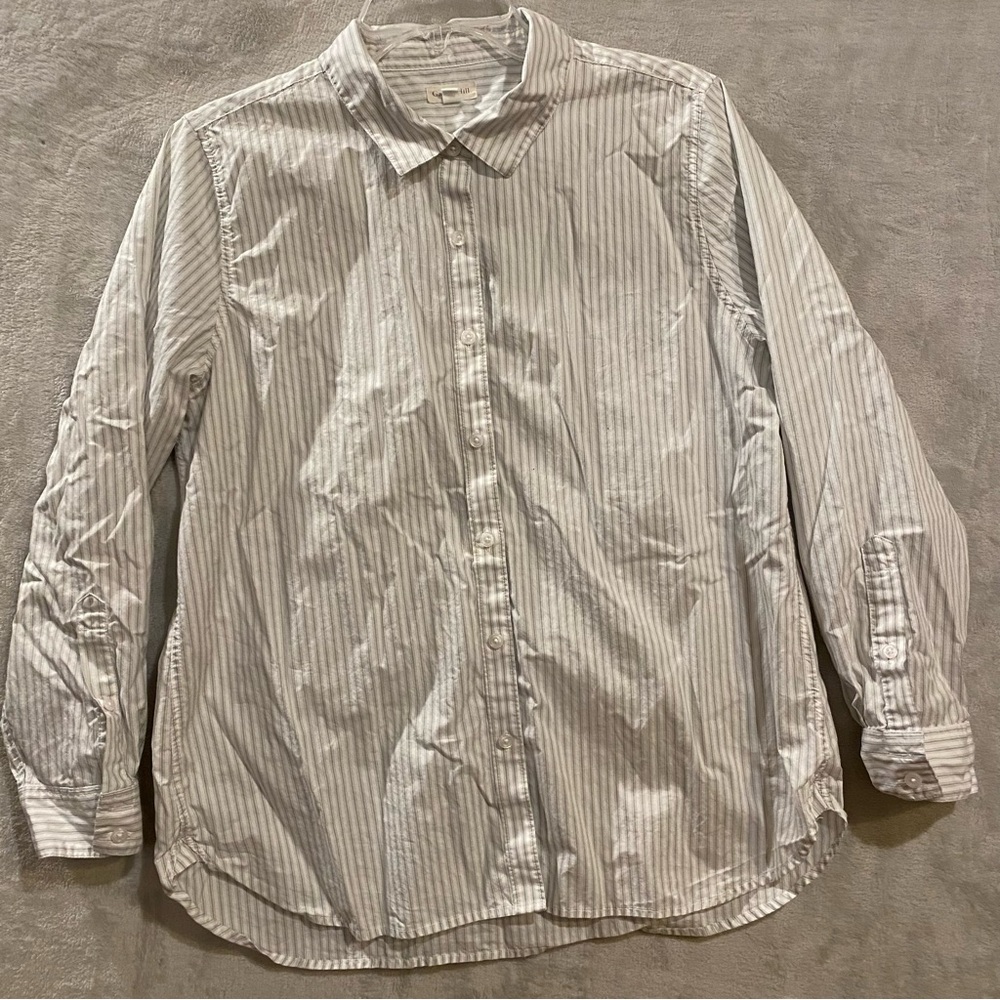 Garnet Hill Shirt Women’s 12 White Gray Striped Long Sleeve Button Down